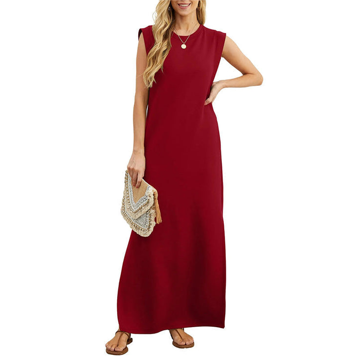 Robe longue décontractée sans manches pour femme, en mélange de lin côtelé, à col rond
