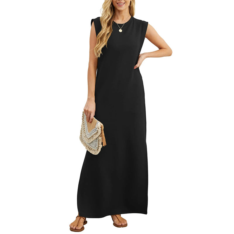 Robe longue décontractée sans manches pour femme, en mélange de lin côtelé, à col rond