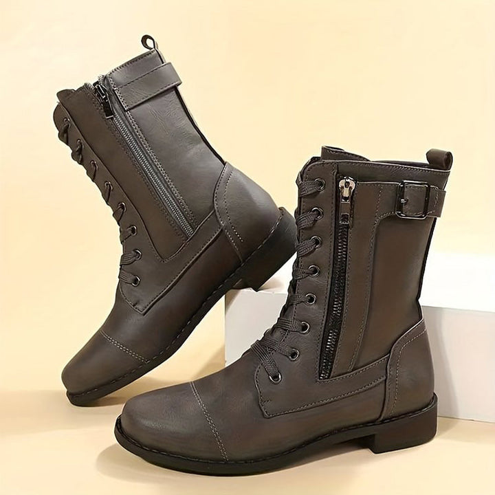 Women's Leather Combat Boots Mid Calf Zipper Motorcycle Boot
