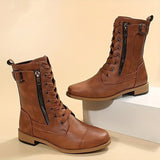 Women's Leather Combat Boots Mid Calf Zipper Motorcycle Boot