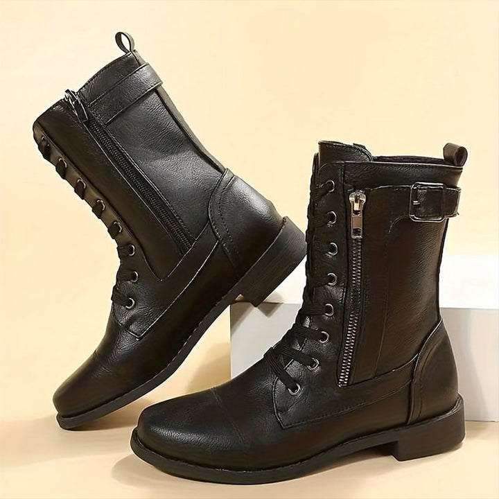 Women's Leather Combat Boots Mid Calf Zipper Motorcycle Boot