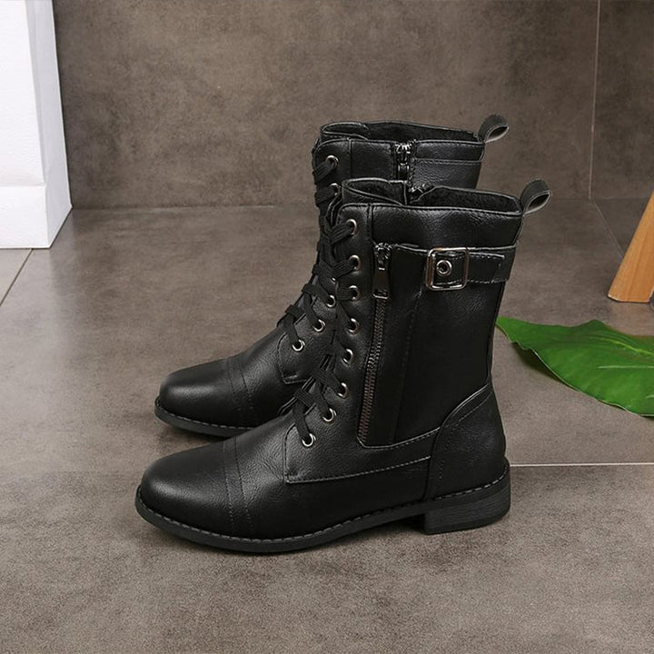 Women's Leather Combat Boots Mid Calf Zipper Motorcycle Boot