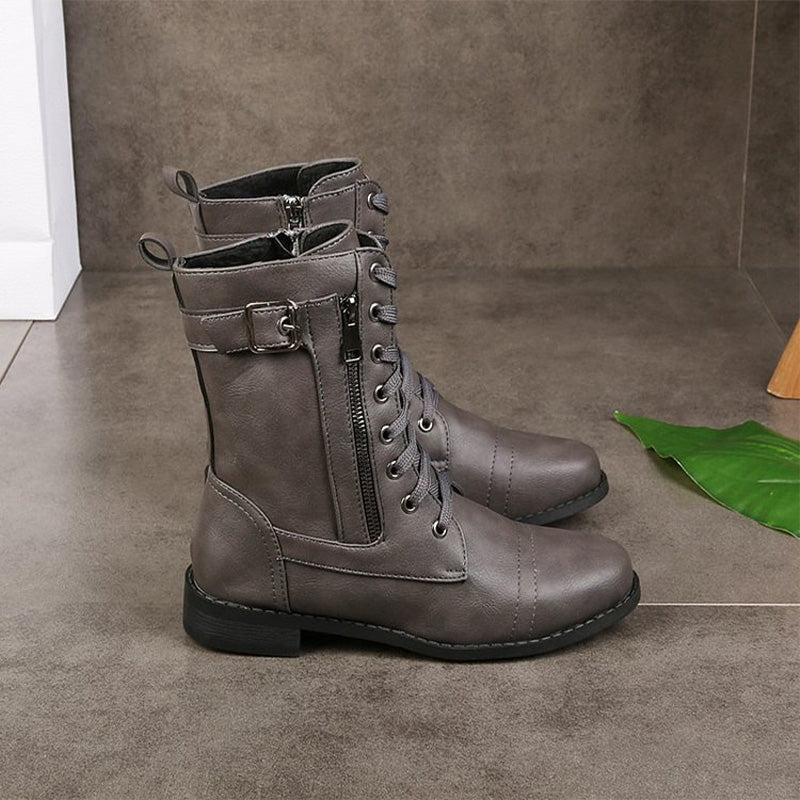 Women's Leather Combat Boots Mid Calf Zipper Motorcycle Boot
