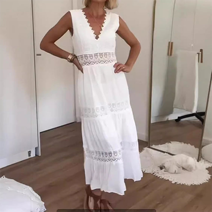 Damska lniana sukienka maxi w stylu boho z koronkowymi falbanami, głębokim dekoltem w serek i bez rękawów, sukienka letnia