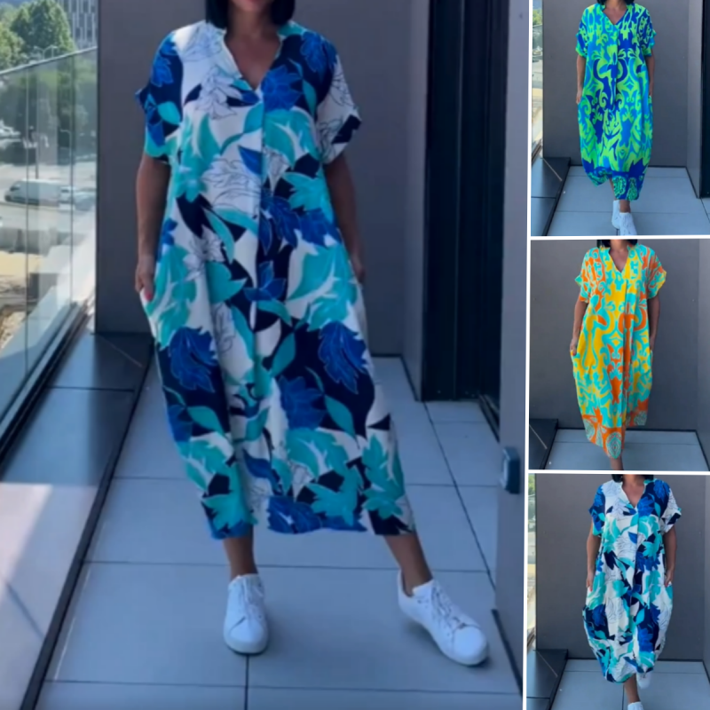 Women's Abstract Print Linen V-Neck Kaftan Midi Dress