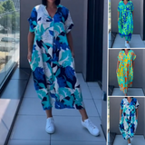 Women's Abstract Print Linen V-Neck Kaftan Midi Dress