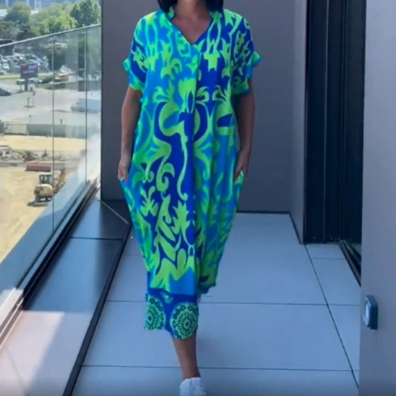 Women's Abstract Print Linen V-Neck Kaftan Midi Dress