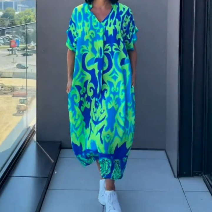Women's Abstract Print Linen V-Neck Kaftan Midi Dress
