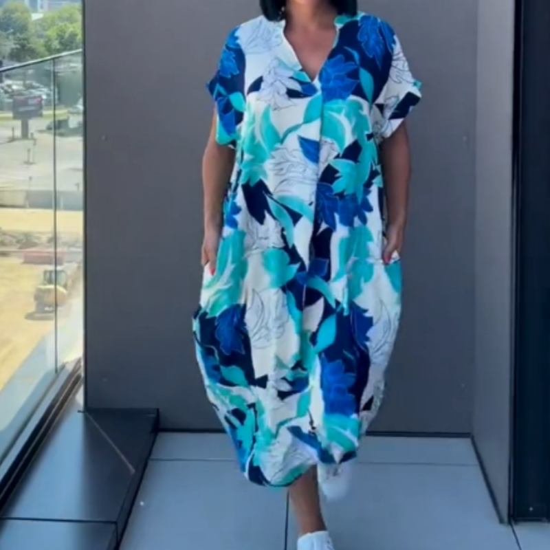 Women's Abstract Print Linen V-Neck Kaftan Midi Dress