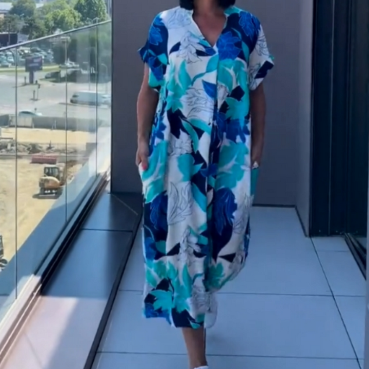 Women's Abstract Print Linen V-Neck Kaftan Midi Dress