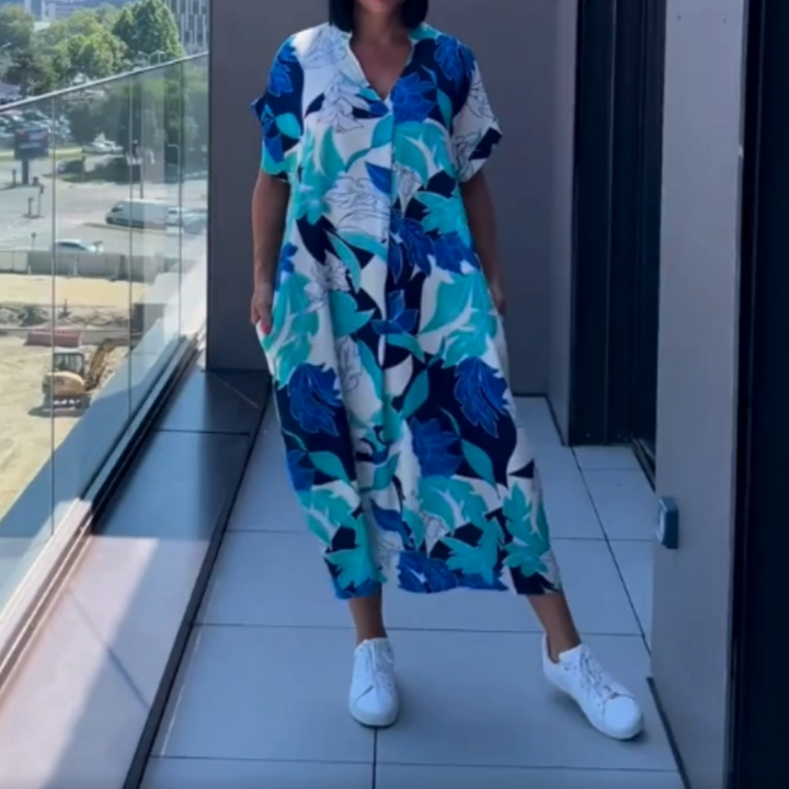 Women's Abstract Print Linen V-Neck Kaftan Midi Dress