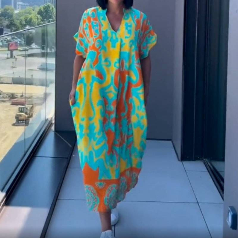 Women's Abstract Print Linen V-Neck Kaftan Midi Dress