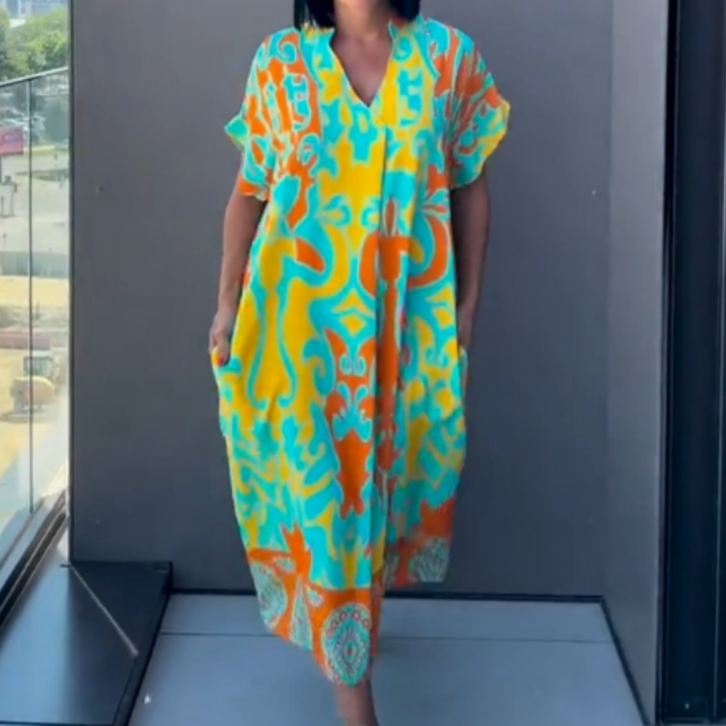 Women's Abstract Print Linen V-Neck Kaftan Midi Dress
