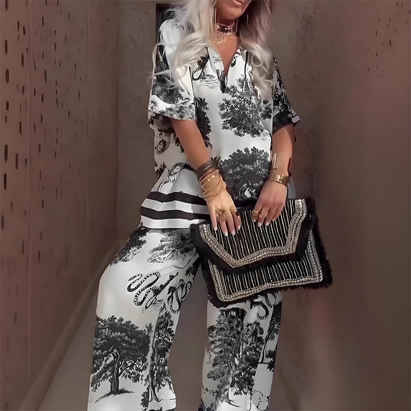 Women's Graphic Print Linen Wide Leg Two Piece Set