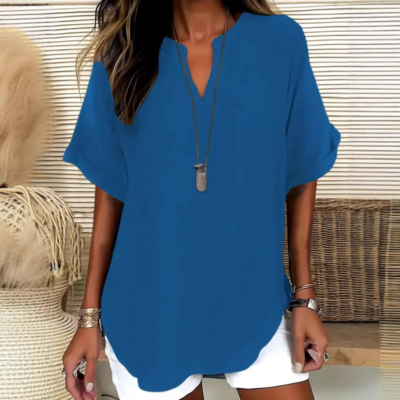 Women's Linen Blouse V Neck Loose Short Sleeve Tunic Top
