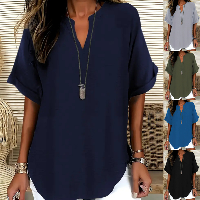 Women's Linen Blouse V Neck Loose Short Sleeve Tunic Top