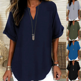 Women's Linen Blouse V Neck Loose Short Sleeve Tunic Top