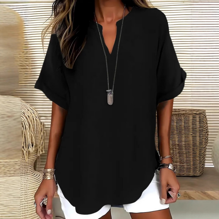 Women's Linen Blouse V Neck Loose Short Sleeve Tunic Top