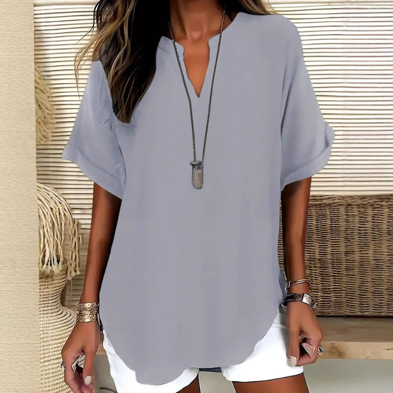 Women's Linen Blouse V Neck Loose Short Sleeve Tunic Top