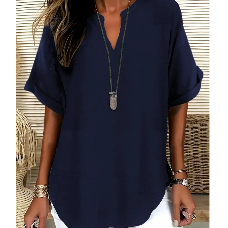 Women's Linen Blouse V Neck Loose Short Sleeve Tunic Top