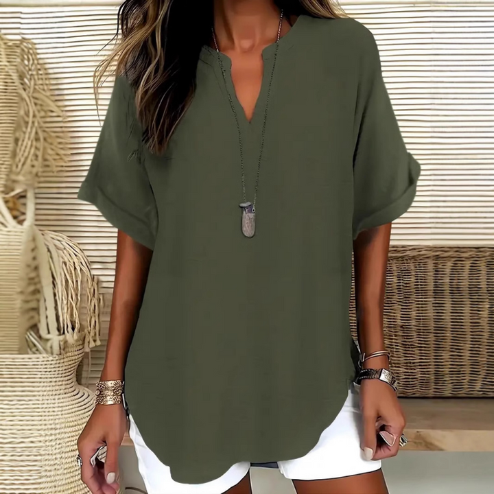 Women's Linen Blouse V Neck Loose Short Sleeve Tunic Top