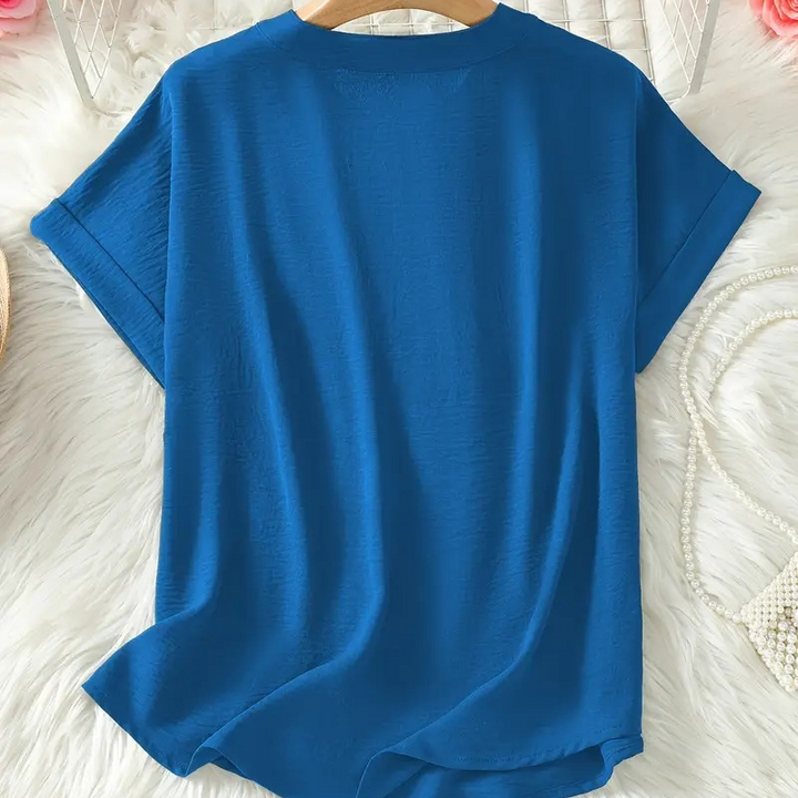 Women's Linen Blouse V Neck Loose Short Sleeve Tunic Top