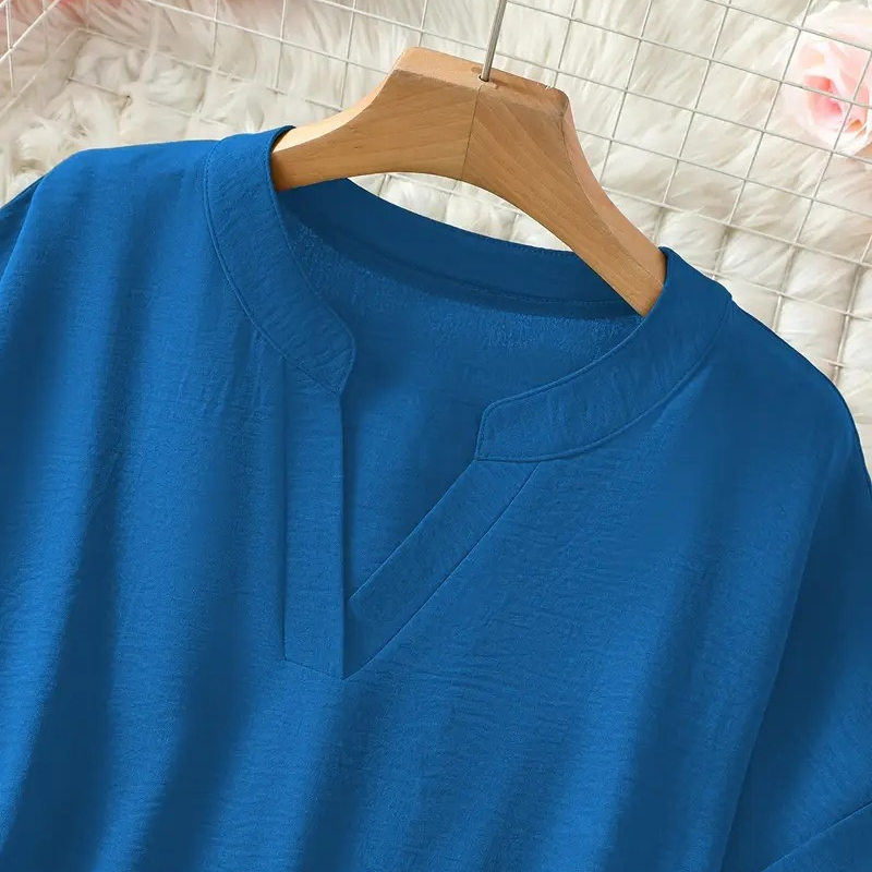 Women's Linen Blouse V Neck Loose Short Sleeve Tunic Top