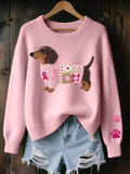 Women's Wool Dog-Knit Crew-Neck Sweater