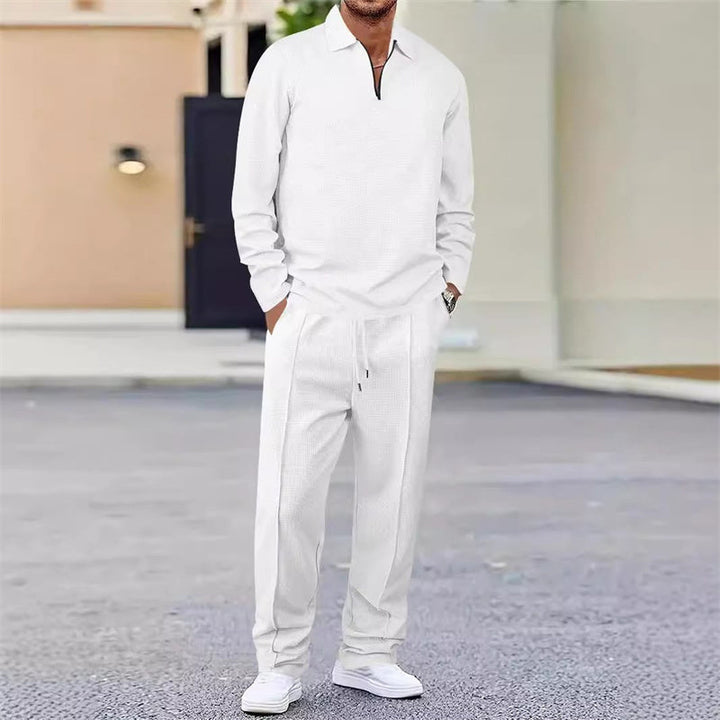 Men Tracksuit Knit Quarter Zip Pullover Polo Shirt and Trousers Set