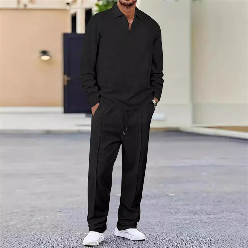 Men Tracksuit Knit Quarter Zip Pullover Polo Shirt and Trousers Set
