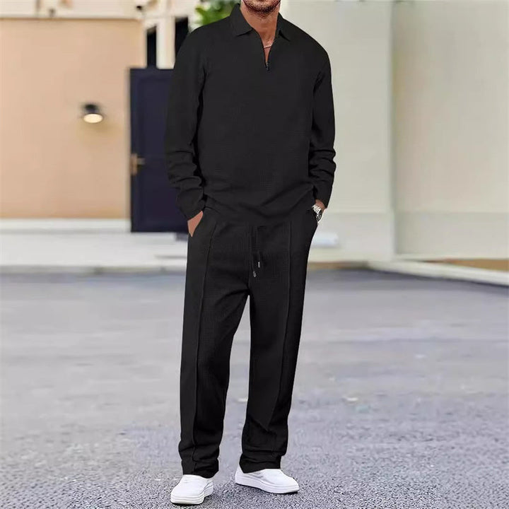 Men Tracksuit Knit Quarter Zip Pullover Polo Shirt and Trousers Set