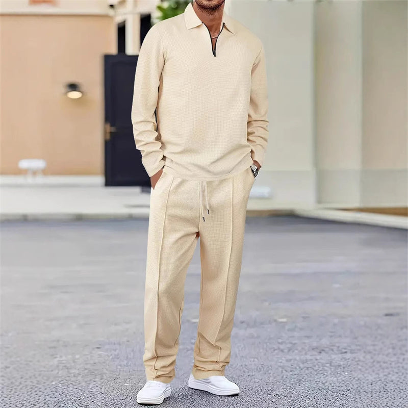 Men Tracksuit Knit Quarter Zip Pullover Polo Shirt and Trousers Set