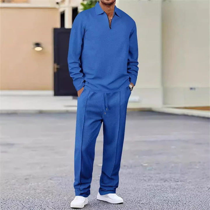 Men Tracksuit Knit Quarter Zip Pullover Polo Shirt and Trousers Set