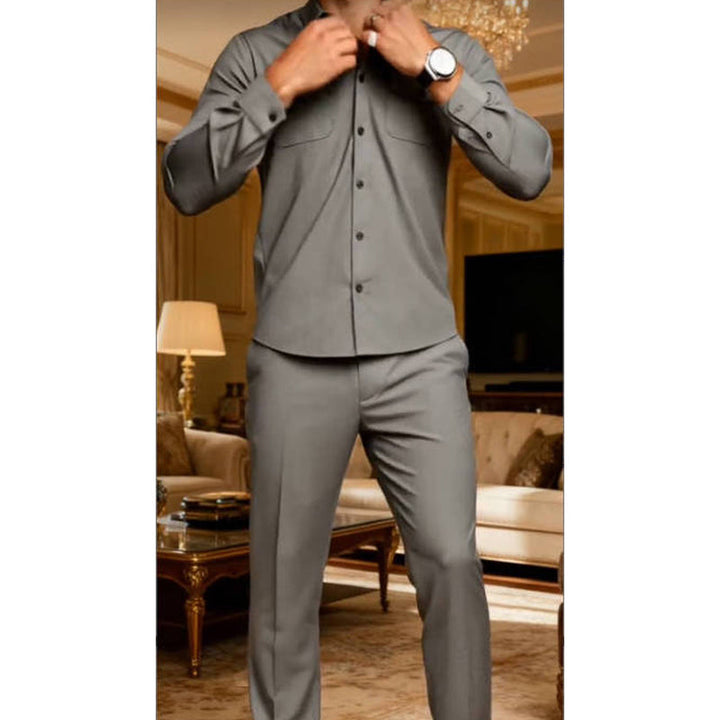 Men's Knit Long Sleeve Button-Up & Trousers Two Piece Set