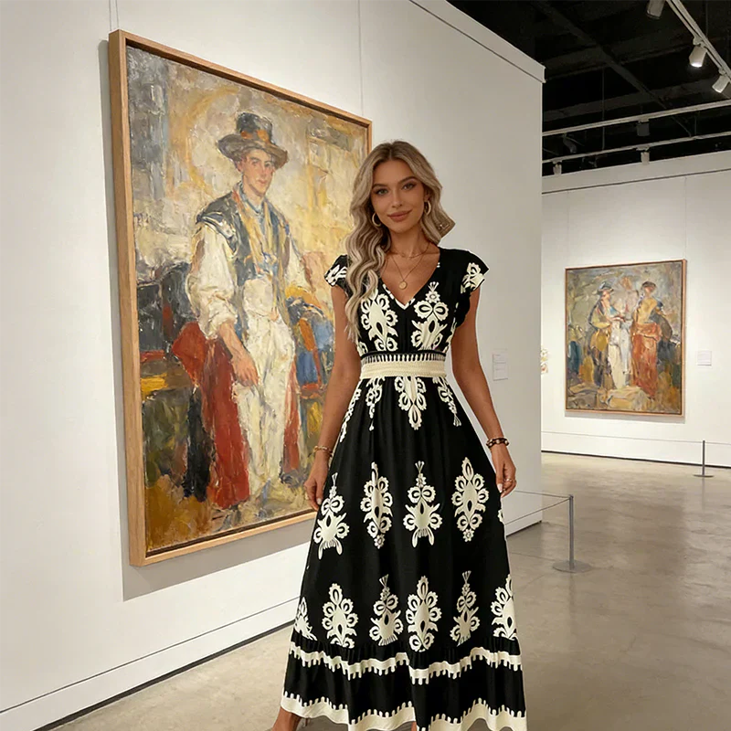 Women’s Silk Blend Baroque V-Neck High-Waist Maxi Dress