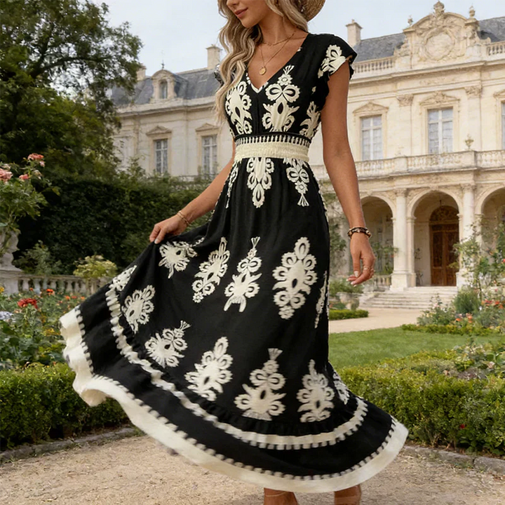 Women’s Silk Blend Baroque V-Neck High-Waist Maxi Dress