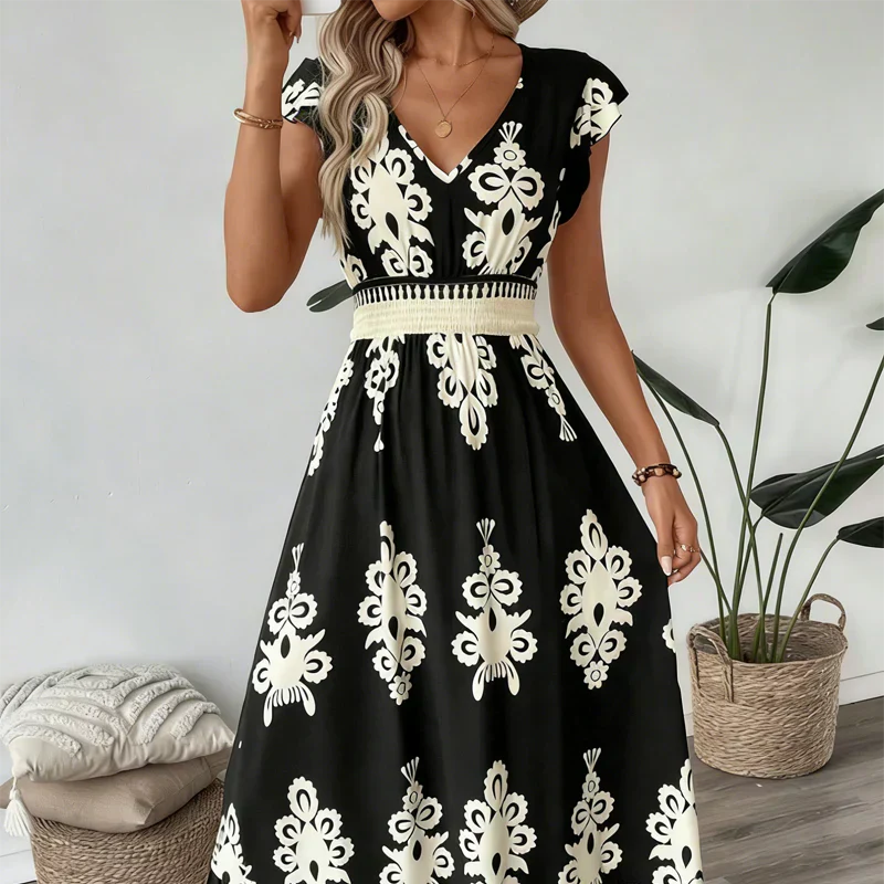 Women’s Silk Blend Baroque V-Neck High-Waist Maxi Dress