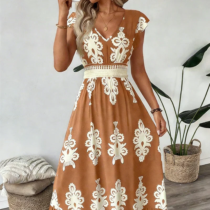 Women’s Silk Blend Baroque V-Neck High-Waist Maxi Dress
