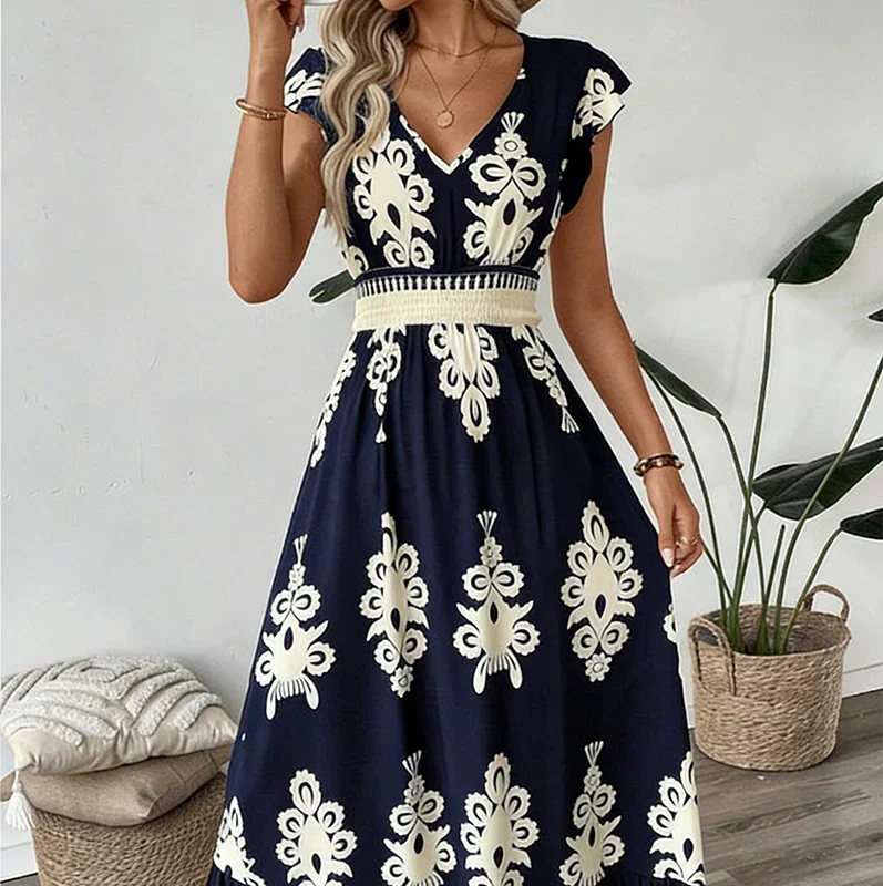 Women’s Silk Blend Baroque V-Neck High-Waist Maxi Dress