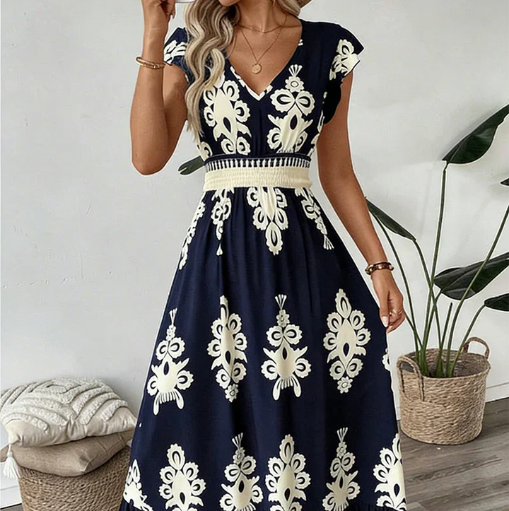 Women’s Silk Blend Baroque V-Neck High-Waist Maxi Dress