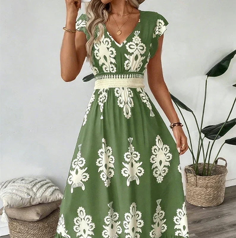 Women’s Silk Blend Baroque V-Neck High-Waist Maxi Dress