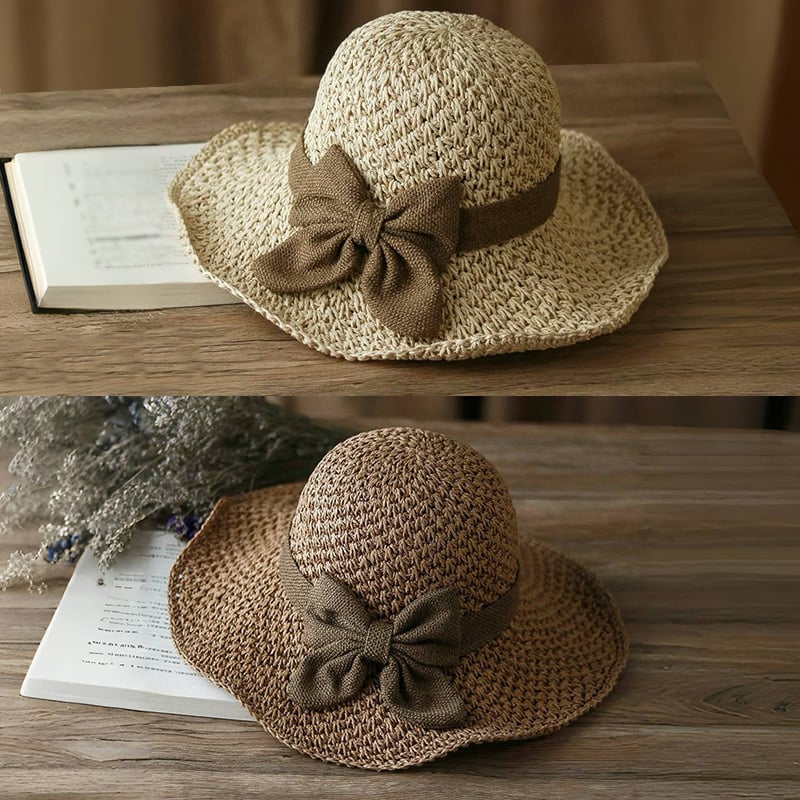 Women's Straw Bow Wide-Brim Sun Hat