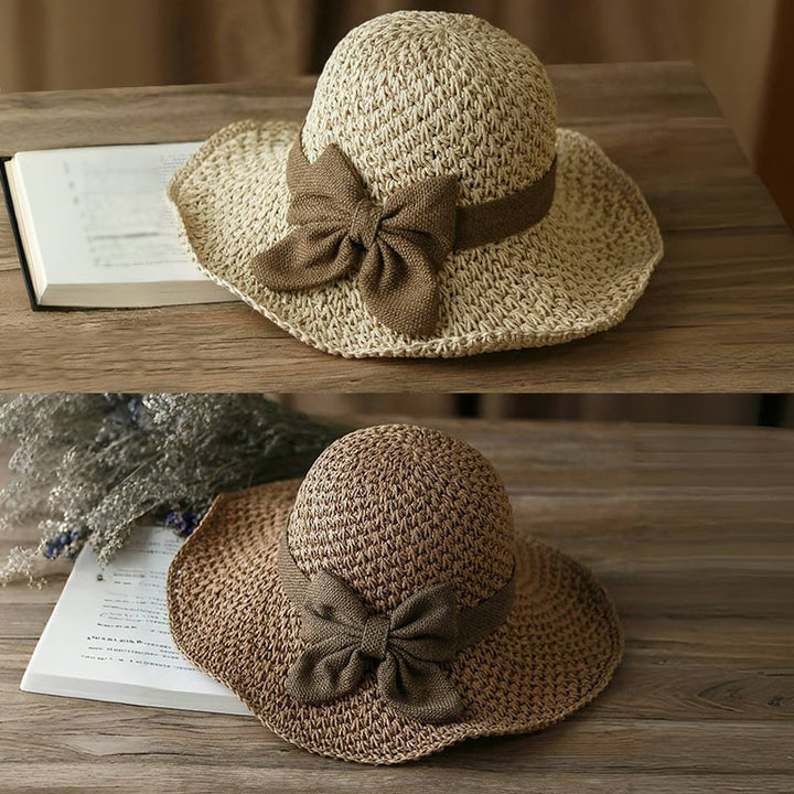Women's Straw Bow Wide-Brim Sun Hat