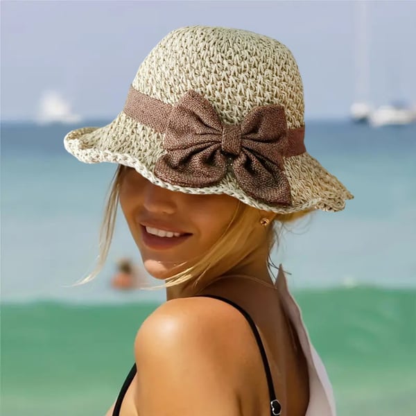 Women's Straw Bow Wide-Brim Sun Hat