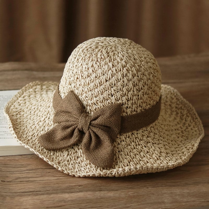 Women's Straw Bow Wide-Brim Sun Hat