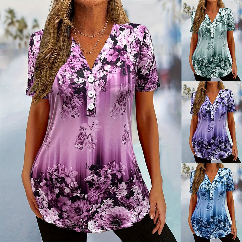 Women's Linen Floral Printed V Neck Tunic Blouse