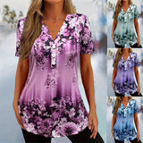 Women's Linen Floral Printed V Neck Tunic Blouse