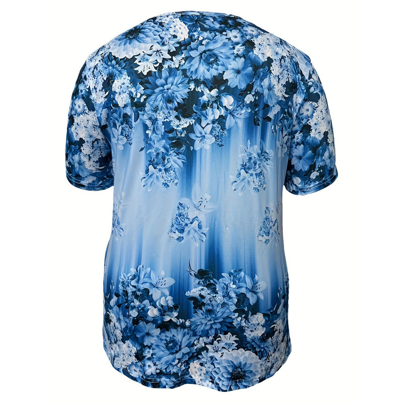 Women's Linen Floral Printed V Neck Tunic Blouse