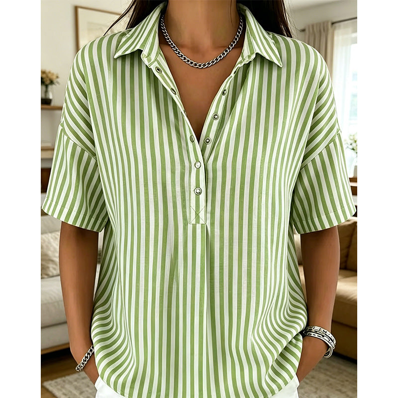 Women’s Linen Blend Striped V-Neck Short-Sleeve Shirt