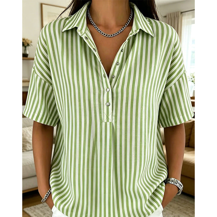 Women’s Linen Blend Striped V-Neck Short-Sleeve Shirt